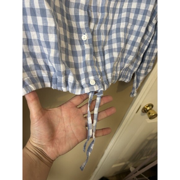 Talbots Top Women L Drawstring Blue Linen Gingham Plaid Long Sleeve Capsule VTG - Picture 9 of 12